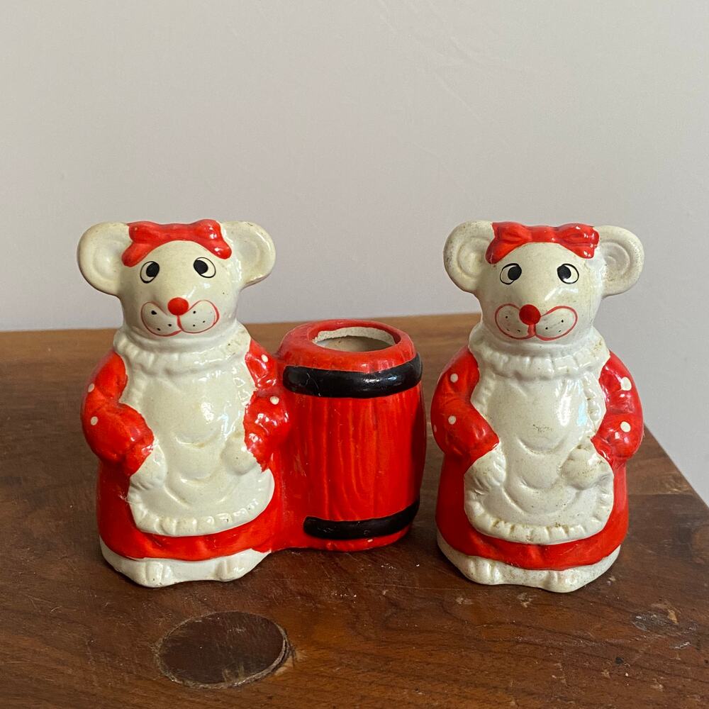 Vintage Kitsch Christmas Mice Salt Shaker and Toothpick Holder